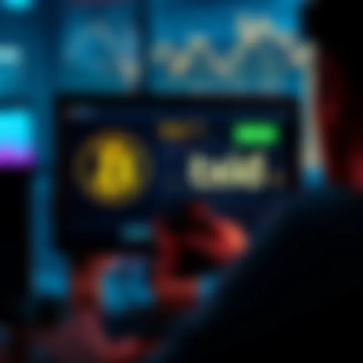 A person looking at a computer screen displaying a Bitcoin transaction ID and financial data.