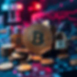 A visual representation of Bitcoin transactions showing coins and digital security elements, emphasizing privacy and anonymity in the financial world.