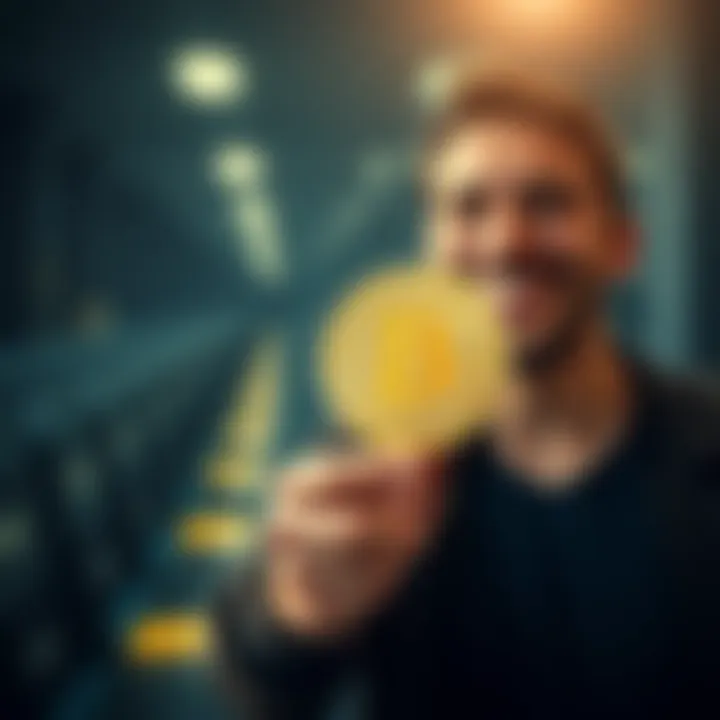 A person holding a Bitcoin symbol with a smile, representing their change from skeptic to believer.