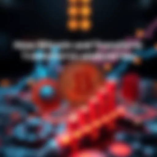 A digital representation of Bitcoin symbols with various industries like finance, logistics, and health symbols