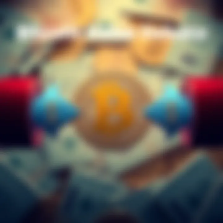 Bitcoin Value Debate Graphic showing Bitcoin symbol with two opposing arrows, one pointing to $0 and the other to $1 million, with a background of currency symbols.
