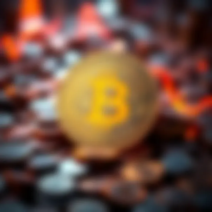 A graphic showing a downward trend in Bitcoin's value with coins fading away in the background.