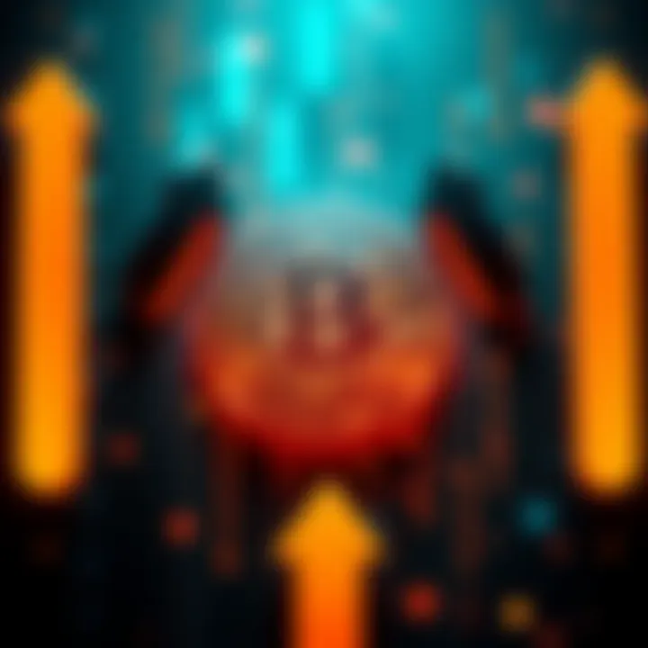 A graphic showing a Bitcoin symbol surrounded by arrows pointing up and down, representing its value changes.