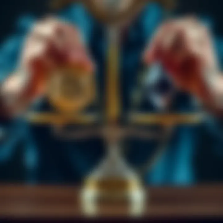 A person weighing options between Bitcoin and Ethereum for short-term cash needs, showing a balance scale with each cryptocurrency symbol