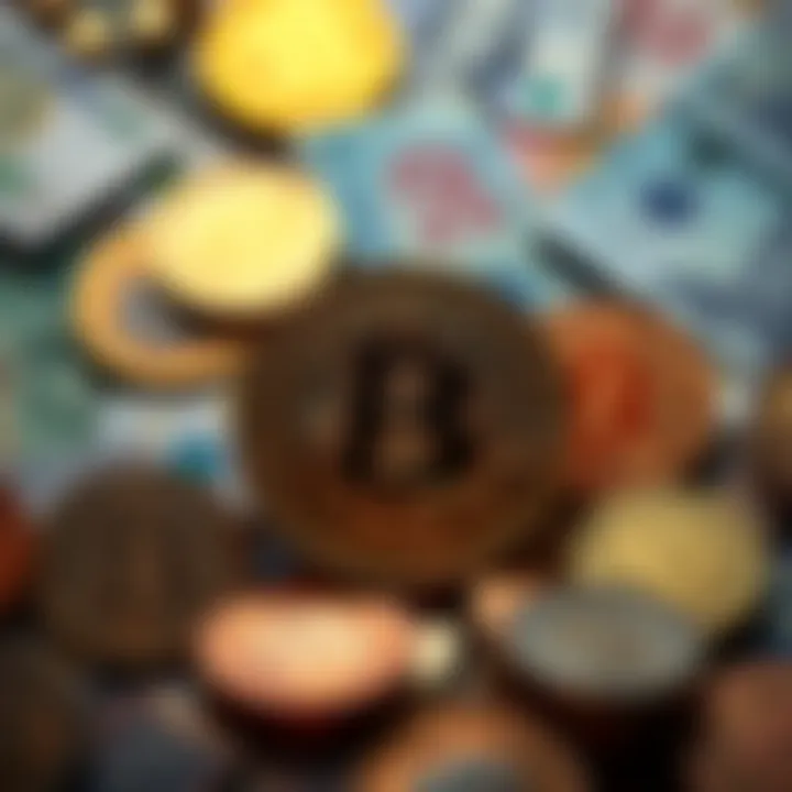 Bitcoin symbol with fiat currency A Bitcoin symbol standing out against a backdrop of various fiat currencies, illustrating the potential future dominance of Bitcoin.