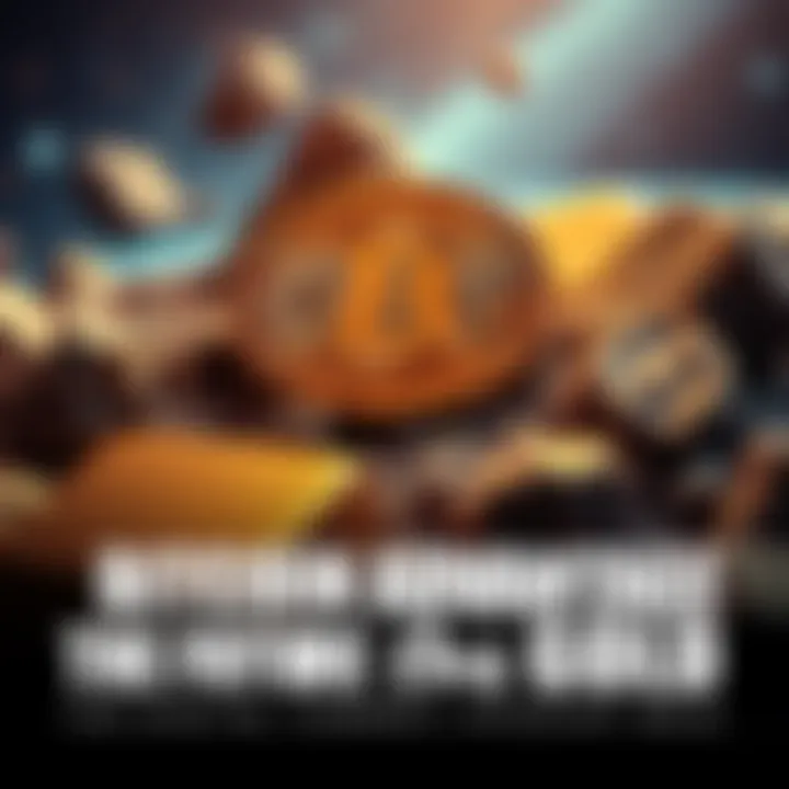 A digital representation of Bitcoin contrasted with gold bars and asteroids in space, symbolizing the future of currency investment.