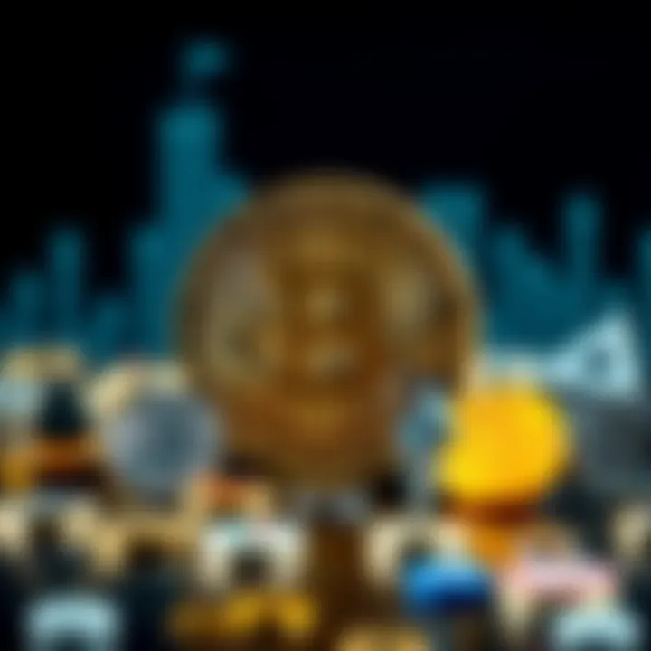 A visual showing Bitcoin symbol overshadowing various newer cryptocurrency symbols, representing Bitcoin's dominance in the market.