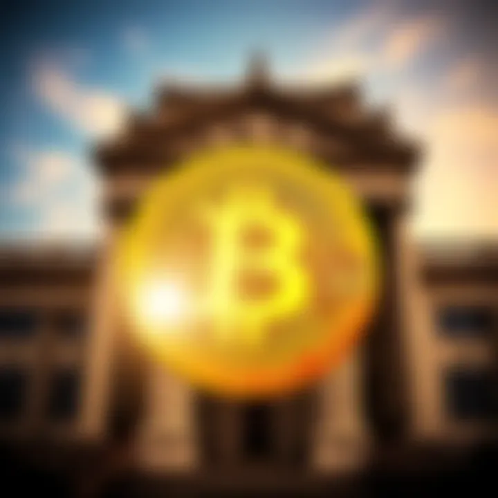 A Bitcoin symbol in front of classic bank buildings, representing the contrast between cryptocurrency and traditional finance.