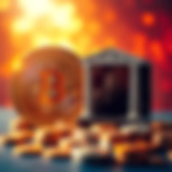 Bitcoin vs Traditional Banking A visual comparison of Bitcoin and traditional banking symbols, highlighting the contrast between digital currency and physical bank features.