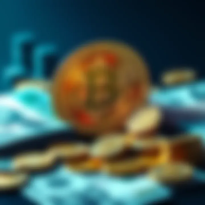Illustration showing Bitcoin symbol and traditional currency like bills and coins reflecting a debate on their value