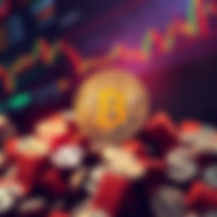 A Bitcoin symbol surrounded by dollar signs, representing Wall Street's strategy to maintain Bitcoin's price at $50,000, with a background showing stock market charts.