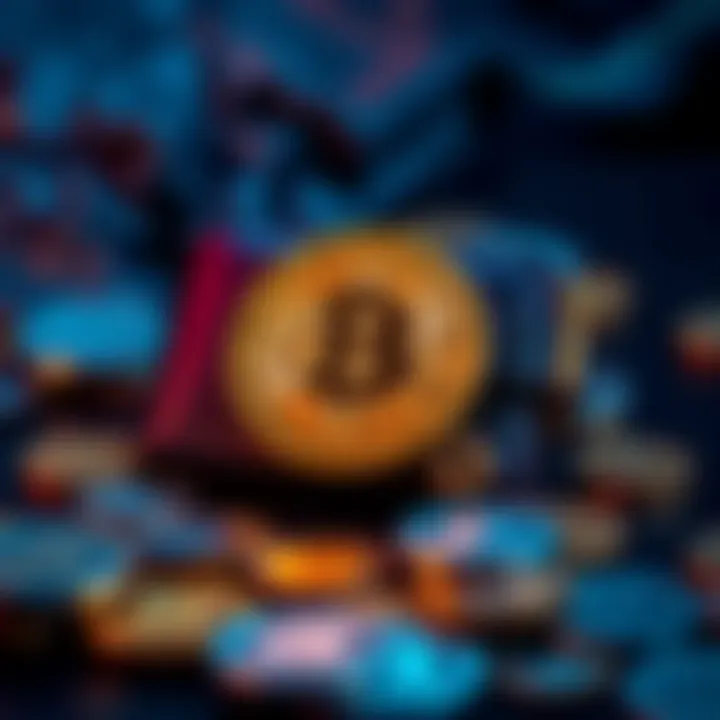 A digital Bitcoin wallet with coins displayed around it, symbolizing safe storage of cryptocurrency.