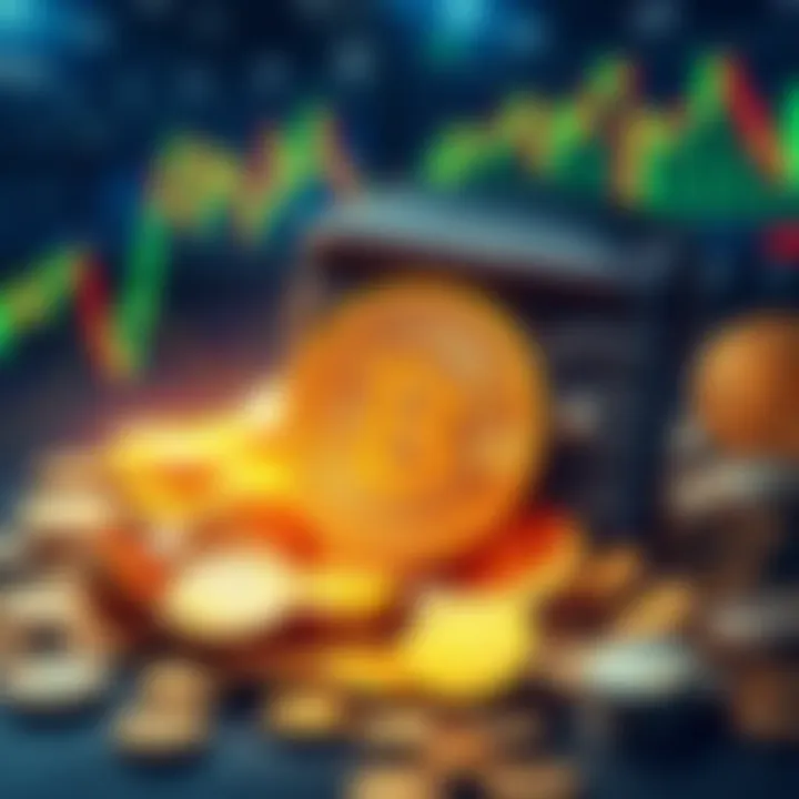 Bitcoin Wallet Graphic Illustration of a Bitcoin wallet filled with coins, representing Satoshi Nakamoto's untouched Bitcoin holdings, with a backdrop of fluctuating market charts and community discussions.