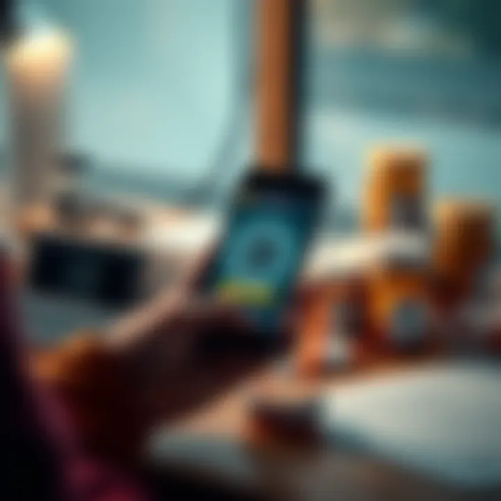 A person holding a smartphone showing a Bitcoin wallet app while sitting at a desk with prescription bottles in the background.