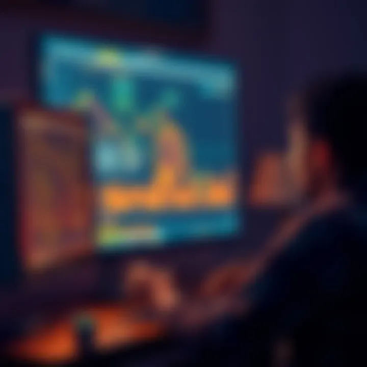 A person sitting at a computer, creating a Bitcoin wallet and making their first purchase of Bitcoin, with old-style graphics on the screen
