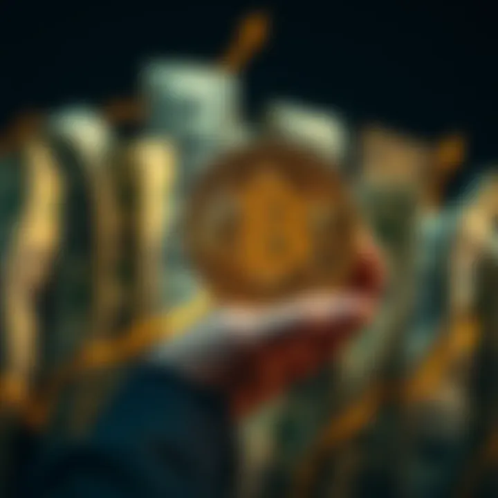 A person holding a Bitcoin symbol with dollar bills rising in the background, illustrating wealth accumulation over time.