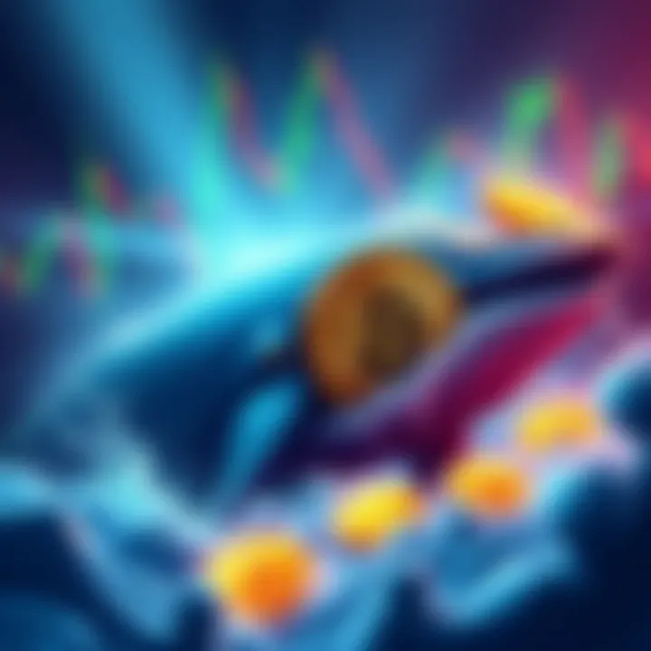 Bitcoin Whales Selling An illustration of a Bitcoin whale symbolically selling Bitcoin, indicating market activity and pressure, with a backdrop of fluctuating market trends.