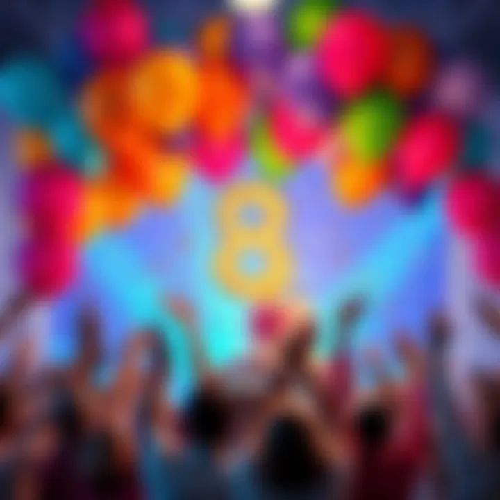 A vibrant celebration scene with balloons and a cake, symbolizing BitMart's 8th birthday, surrounded by happy people cheering and holding banners.