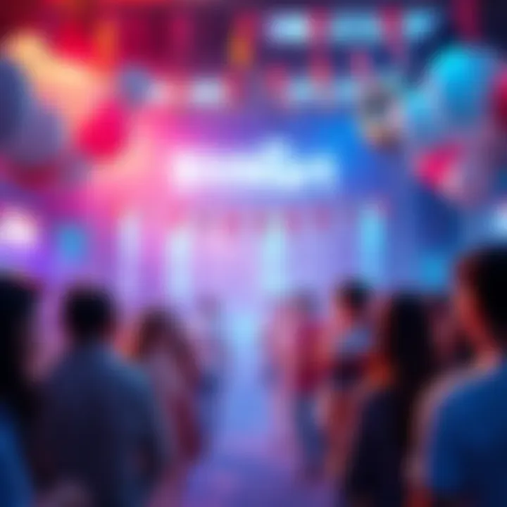 A vibrant celebration scene with people enjoying BitMart's 8th anniversary party, featuring balloons and banners.