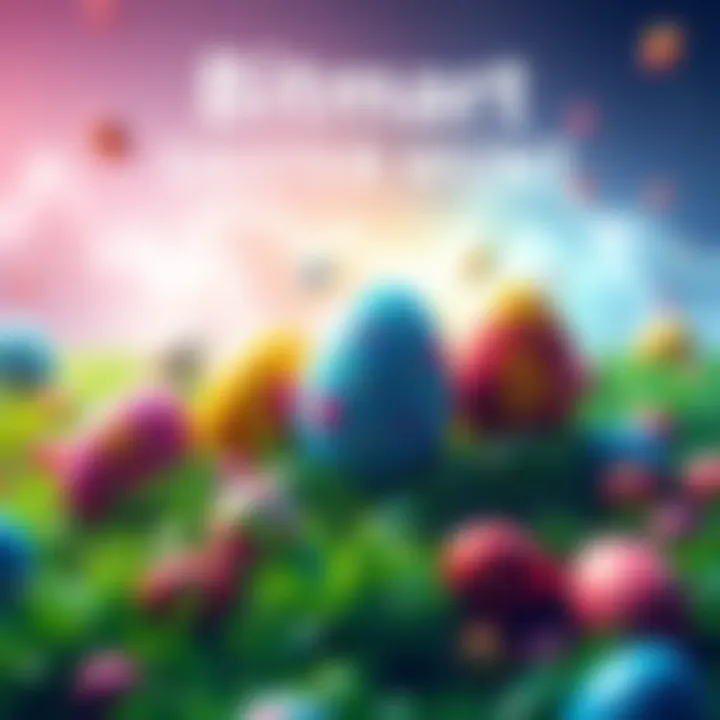 Colorful Easter eggs with crypto symbols hidden in a digital landscape