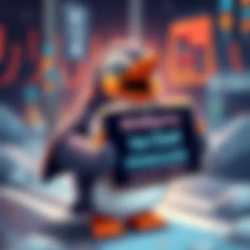 An illustration depicting the Nietzschean Penguin cryptocurrency with a penguin character holding a sign about trading on BitMart, with festive graphics announcing the launch date.