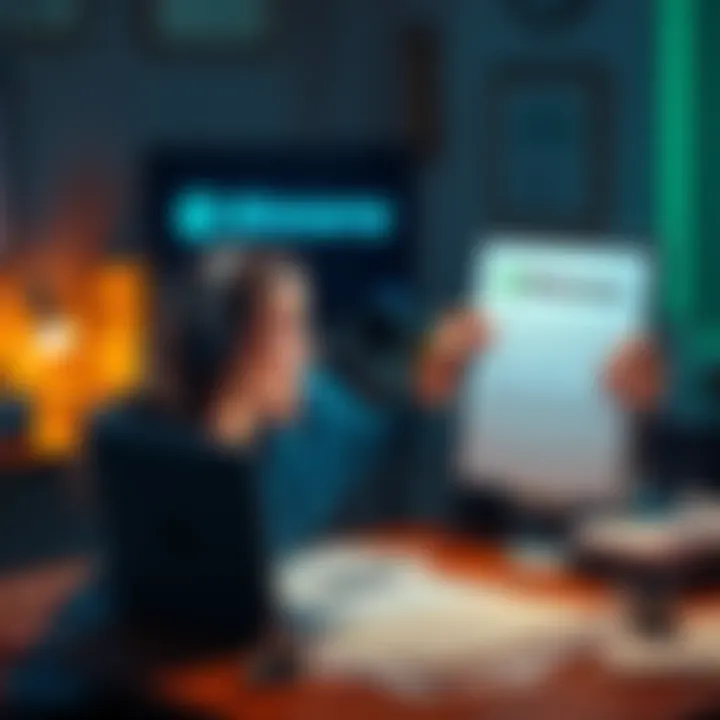 A frustrated account holder at a desk filled with financial documents, looking at a computer screen showing Bitstamp's logo, while holding a letter from the exchange, expressing the struggle over a 2013 deposit.