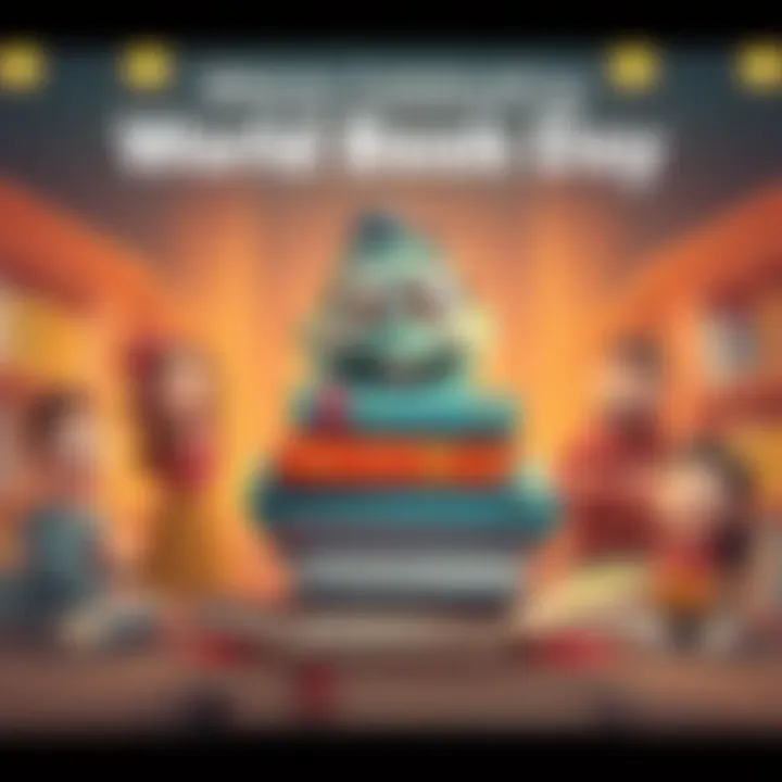 Bitto holds a stack of books with smiling readers around him, celebrating World Book Day.