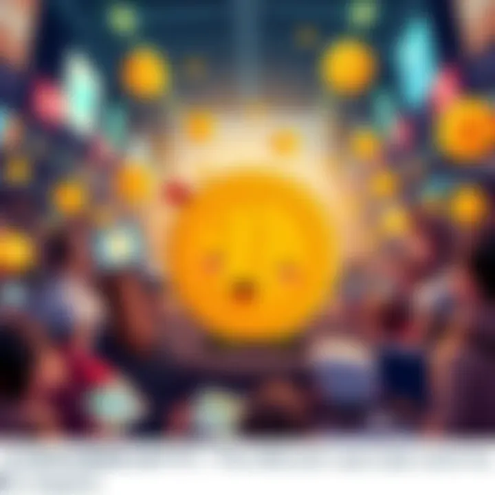Bitty, a cheerful cartoon character representing Bitcoin, surrounded by Bitcoin icons and symbols, engaging with a crowd of people in a lively scene.