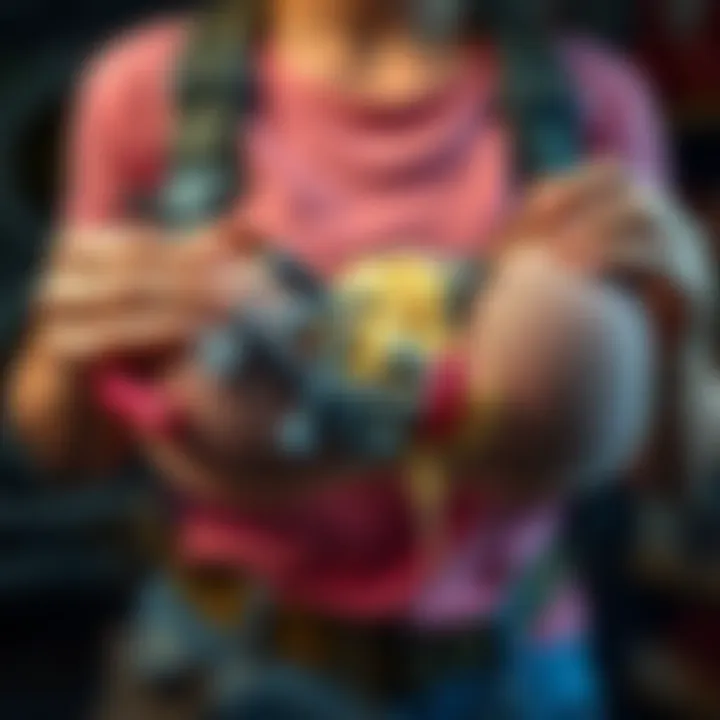 A worker holding a bra with unusual items like screws and sawdust spilling out
