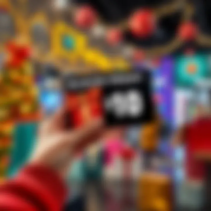 Black Friday Gift Card Promotion Person holding a $10 gift card with shopping bags and festive decorations in the background
