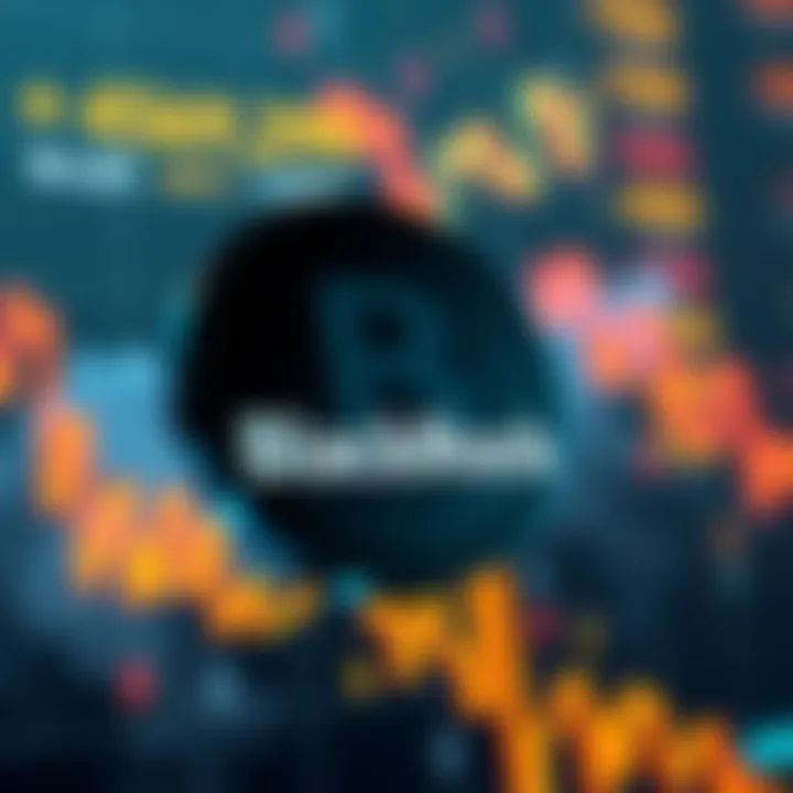 BlackRock's logo with a background showing falling cryptocurrency prices