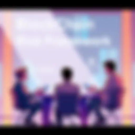 Illustration of financial institutions discussing blockchain technology and managing non-financial risks, featuring logos of DTCC, Euroclear, and Hedera.