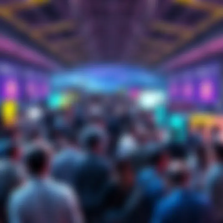 A busy conference hall at MWC26 with people discussing blockchain applications in telecommunications.