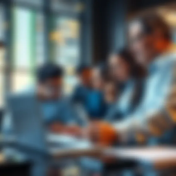 A diverse team of experts reviewing a smart contract on a laptop, ensuring security and efficiency before DeFi launch.