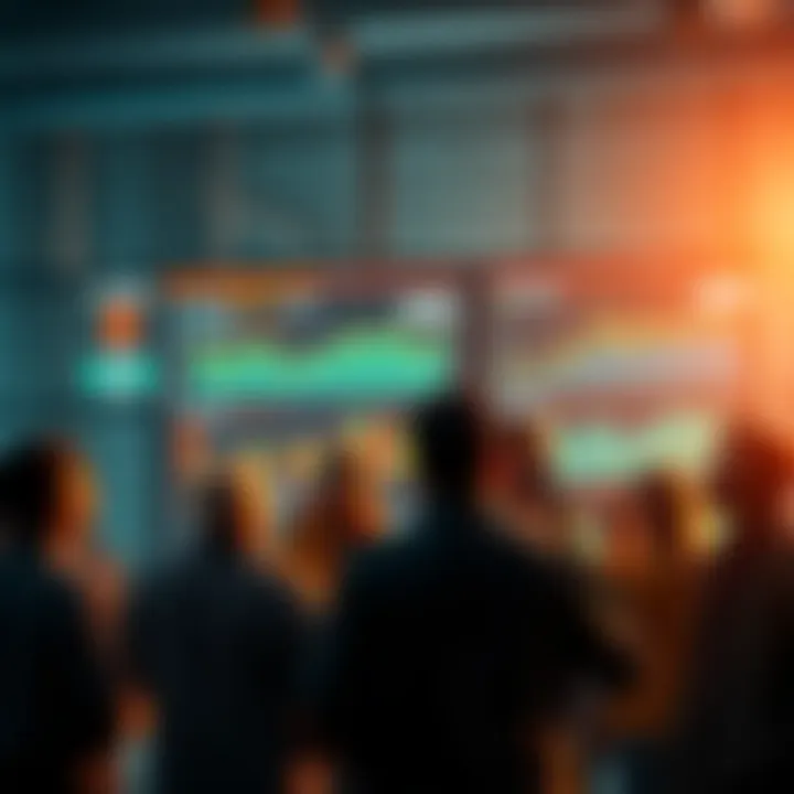A group of people discussing blockchain predictions with a digital display showing trends