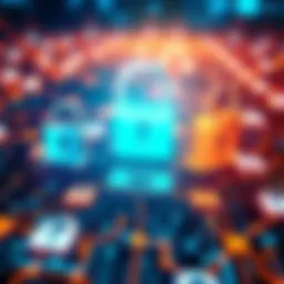 Illustration showing a digital blockchain network with secure locks and transparent icons, symbolizing the balance between privacy and compliance in transactions.