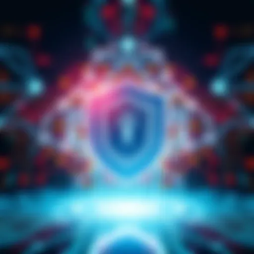 Illustration showing a digital shield representing security in front of AI circuits and blockchain symbols, highlighting the fusion of technology for safety.