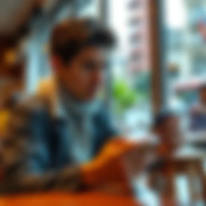 Person frustrated with blocked card A traveler looking worried while checking a blocked payment on their phone in a cafe abroad