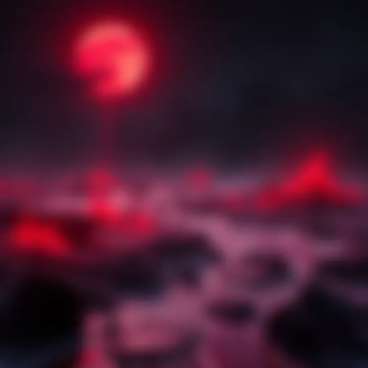 Blood Moon Rising A Blood Moon illuminates a dark sky, casting a red glow over rivers running with blood, creating a chaotic atmosphere for players.