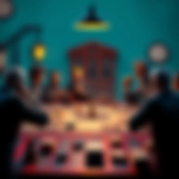 A fictional board game setup depicting characters representing banks struggling with money management, showing tension among players over financial stability.