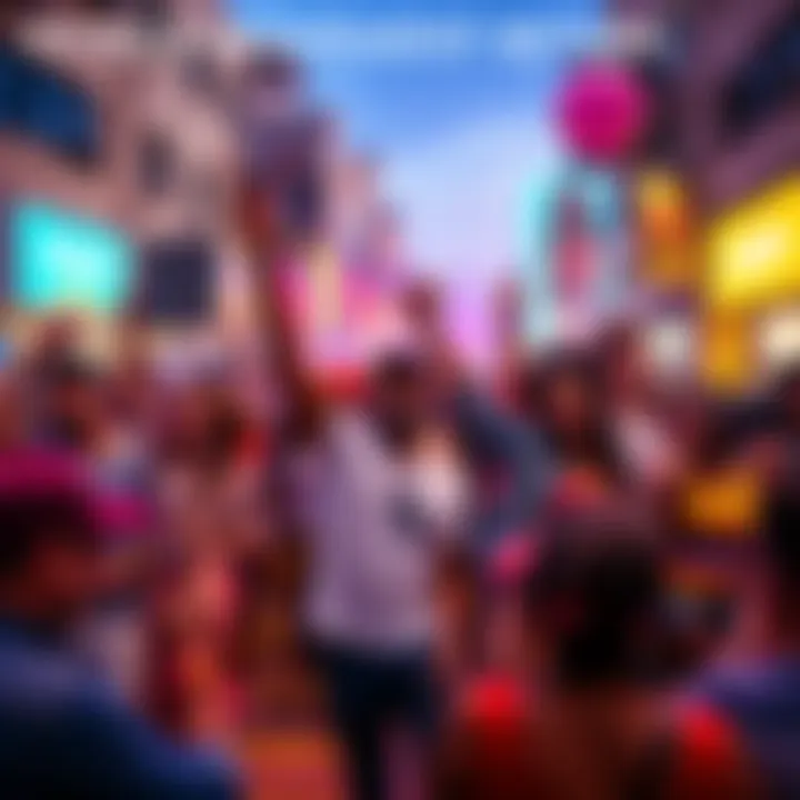 A vibrant group celebrating in a lively street, showcasing excitement and energy for a movement's comeback.