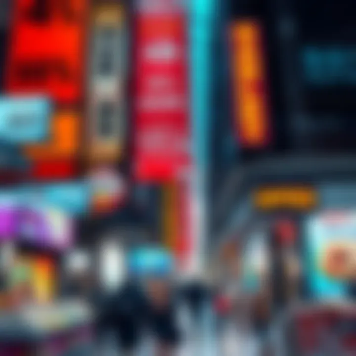 A vibrant scene showcasing various promotional banners and signs highlighting discounts and deals in a busy marketplace. Shoppers are excitedly browsing the offers.