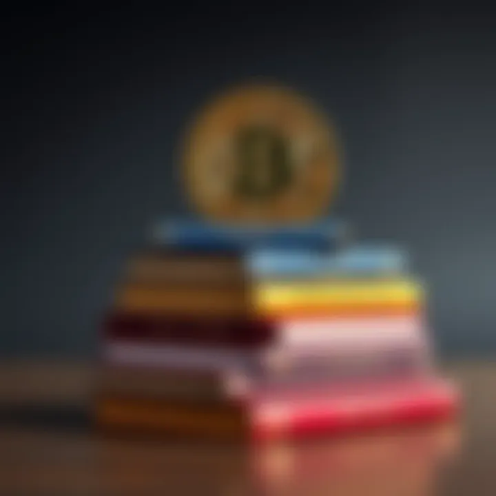 A stack of books with a Bitcoin logo on top, symbolizing knowledge and investment in cryptocurrency.