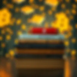 A stack of four books about Bitcoin and finance with a background of digital currency symbols