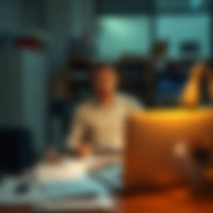 A person with a bored expression sitting at a cluttered desk, with papers and a laptop open, surrounded by a mundane office setting.