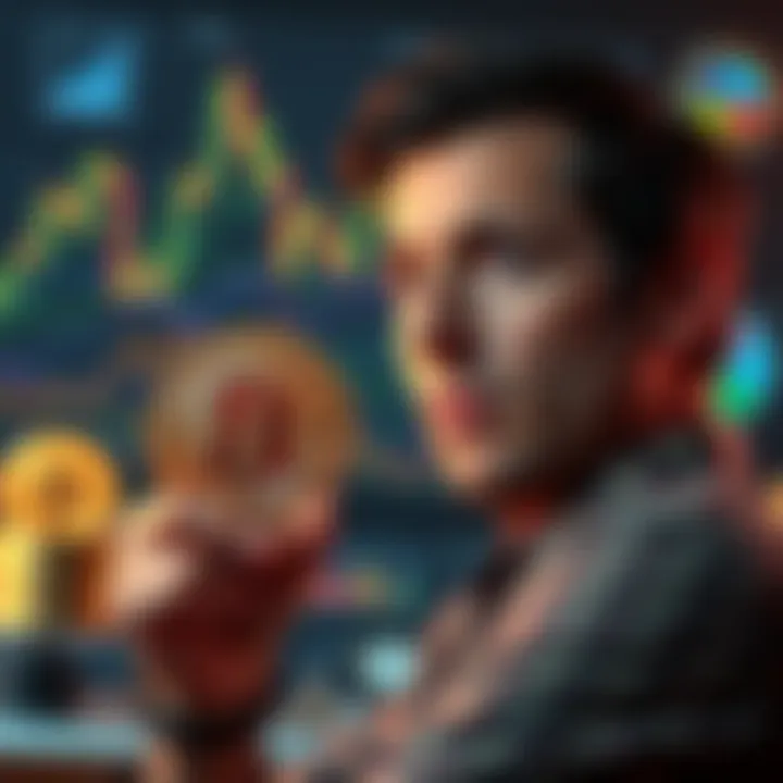 Borrowing Bitcoin A person considers borrowing against Bitcoin to invest in more Bitcoin, with coins and charts in the background.