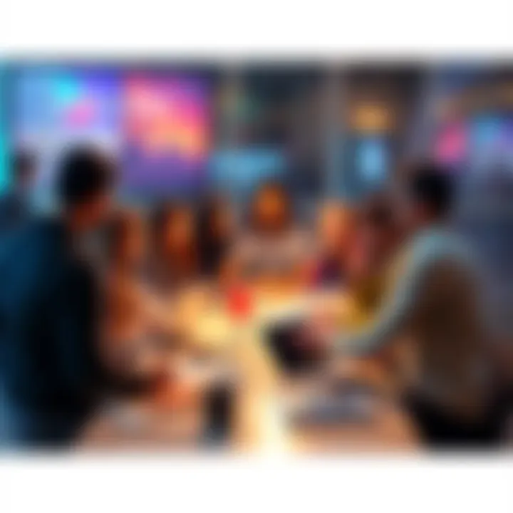 A diverse group of people gathered around a table, brainstorming innovative project ideas for a hackathon focused on the city's future.