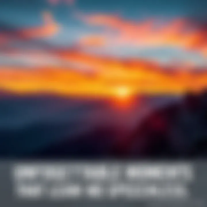 A stunning landscape featuring a vibrant sunset over a dramatic mountain range