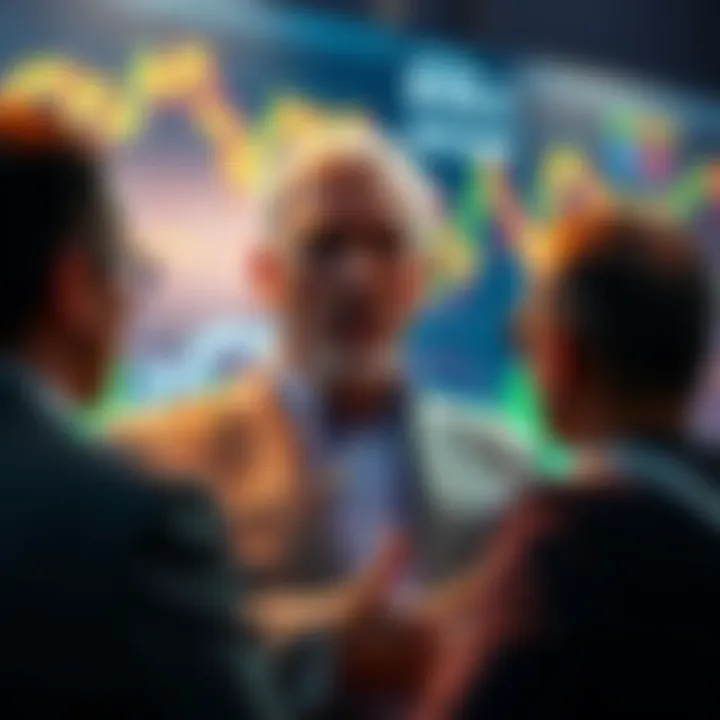 Brian Armstrong speaking with a group about new ways to avoid KYC laws, with visuals of financial charts in the background