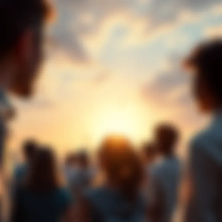 A group of diverse people looking towards a bright skyline with a sunrise, symbolizing hope and new opportunities.